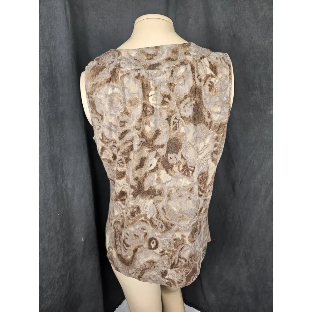 Brown Abstract Floral Boho Tank Top Lace Crochet Trim V Neck Sleeveless Shirt L